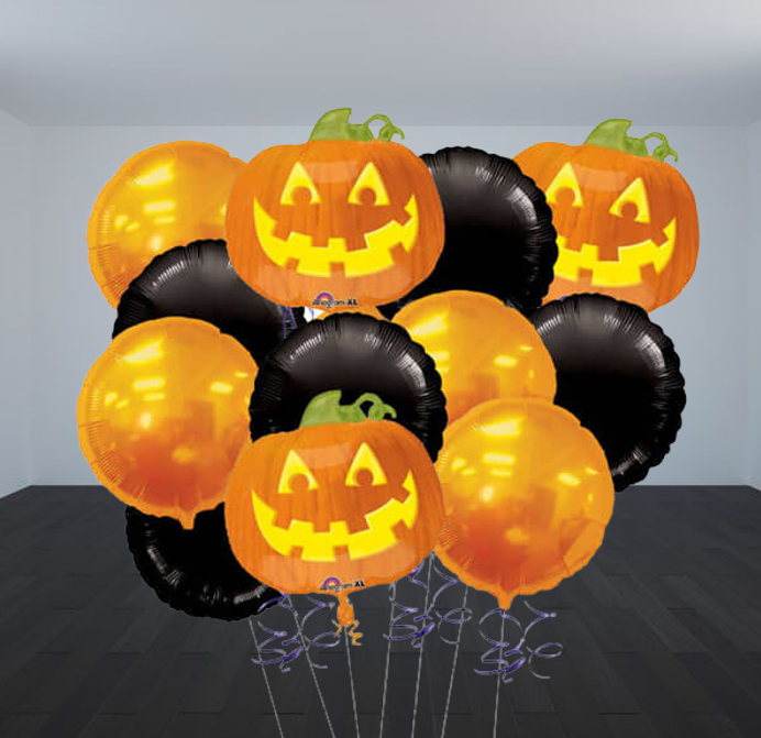 Happy Halloween Pumpkins & Black Round Foil Balloon Bouquet