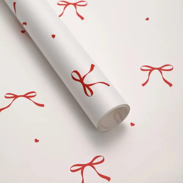 D10(06) Ribbon Bow Printed Korean Sheets  "White & Red" (20 Sheets) 58cm x 58cm
